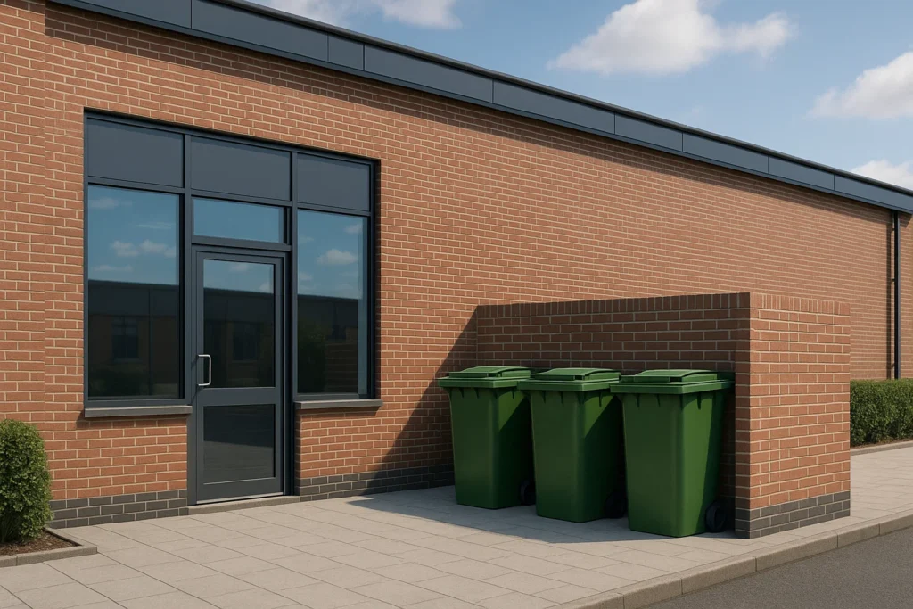 "Neatly managed commercial waste bins outside a business premises, highlighting professional waste management practices."