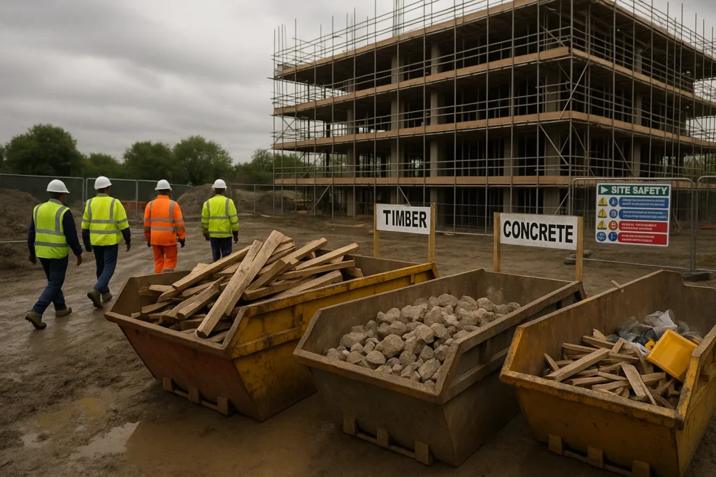 Realistic UK construction site with segregated skips and workers managing construction waste in 2025.