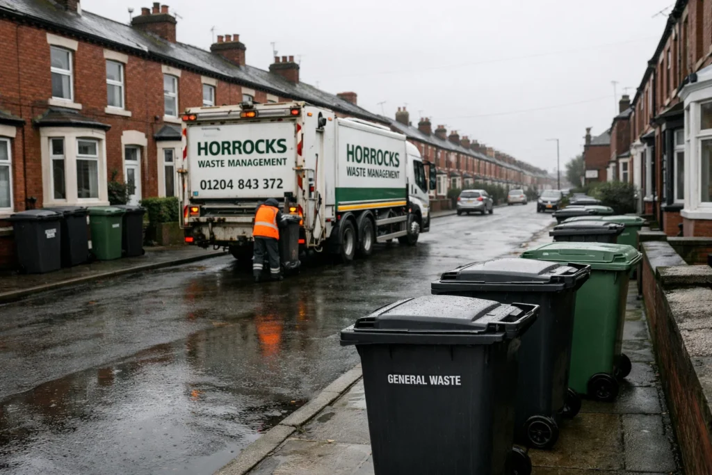 Horrocks Waste Management lorry collecting household waste on a residential street in Preston