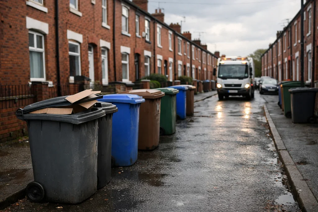 Manchester terraced street with council wheelie bins lined up for collection on an overcast day.
