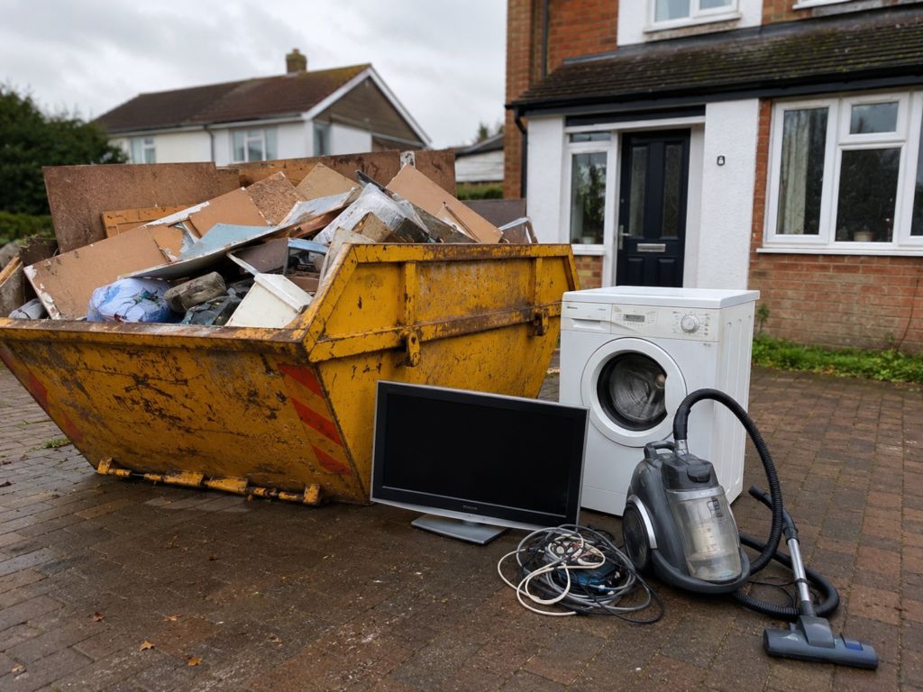 Electrical waste items like a washing machine and TV placed next to a skip on a UK driveway
