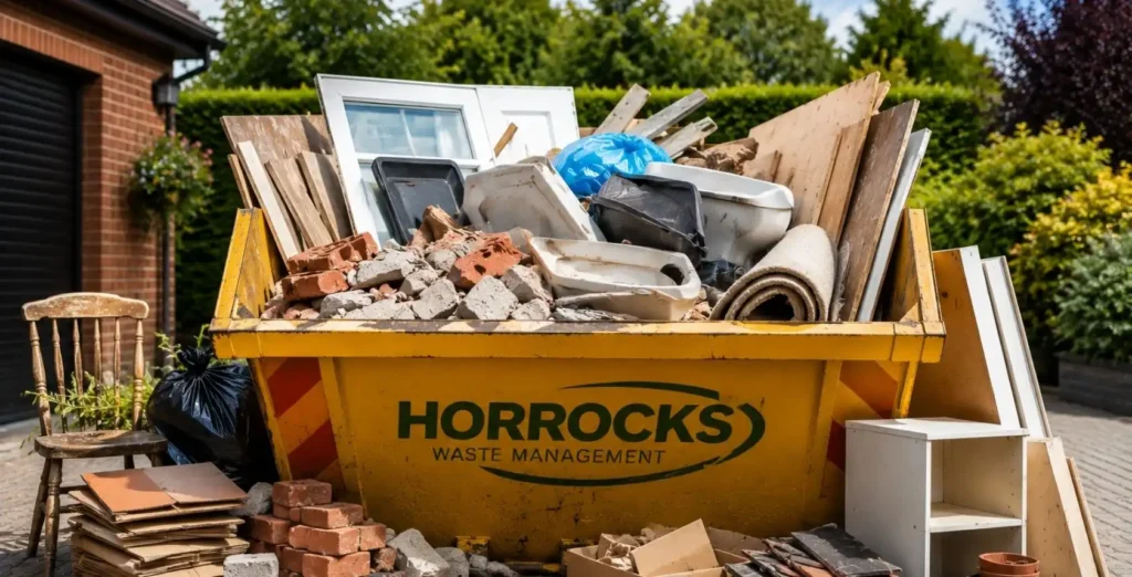 Yellow skip filled with construction waste, wood, bricks, and household debris.