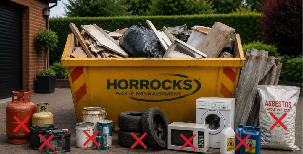 Prohibited waste items displayed beside a skip, including tyres, gas bottles, and asbestos