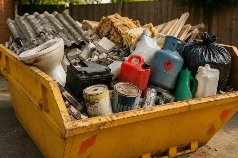 What can't you put in a skip shown with hazardous waste, paint cans and gas cylinder