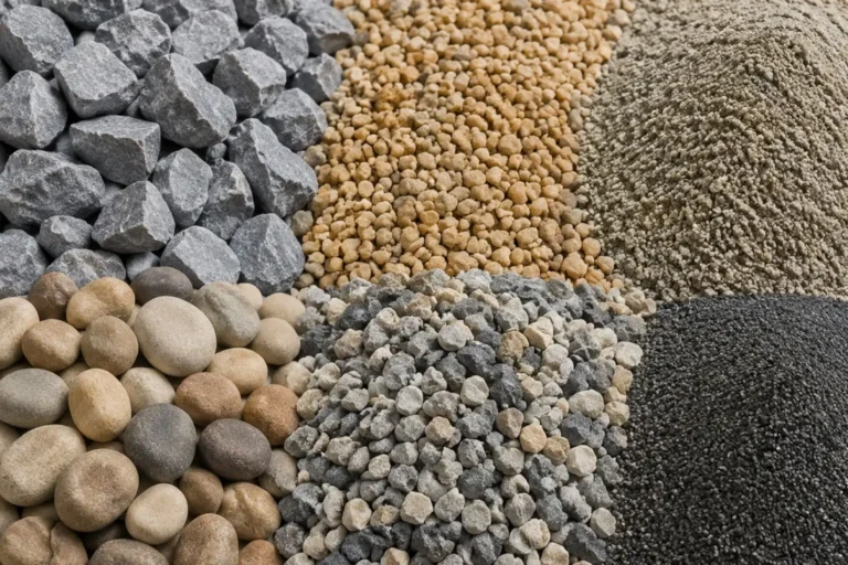 What is aggregate illustrated with mixed stone sizes, gravel and sand samples